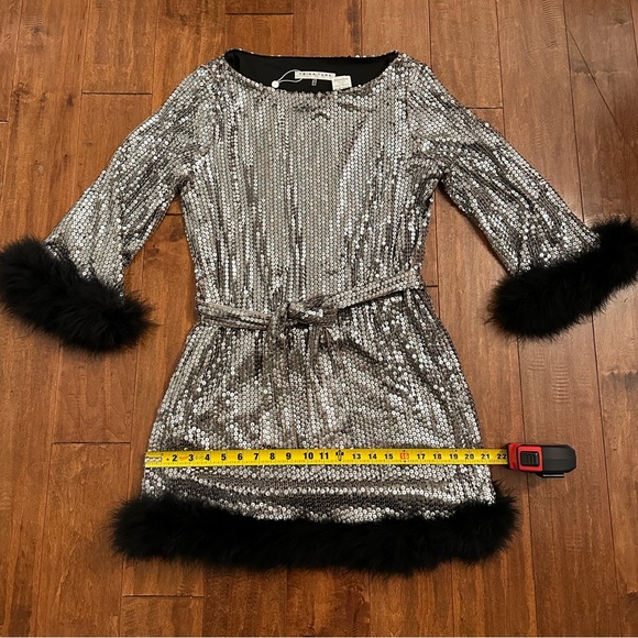 Trina Turk Silver Uhura Sequin Dress with Feather Hem Sz M - Picture 10 of 16